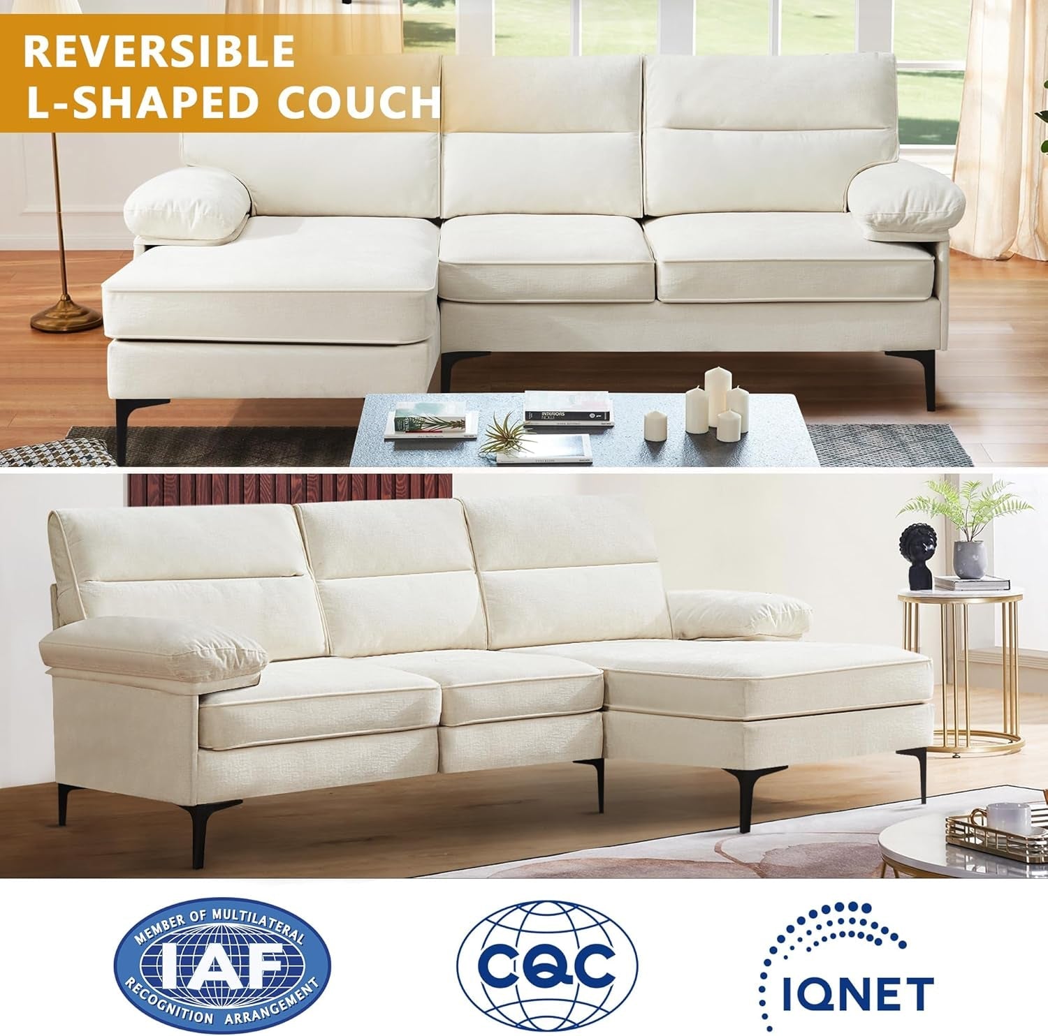85 Inch Convertible Sectional Sofa Couch With Reversible Chaise Beige