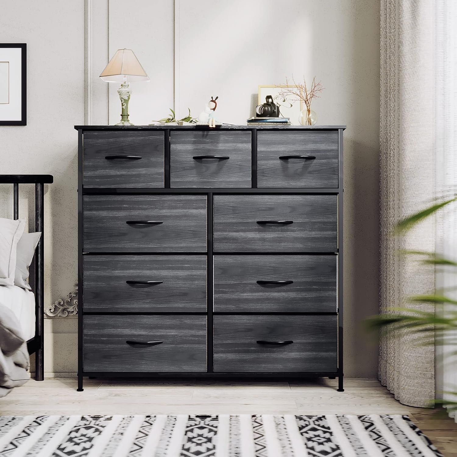 9 Drawer Dresser With Fabric Storage Tower And Wooden Top