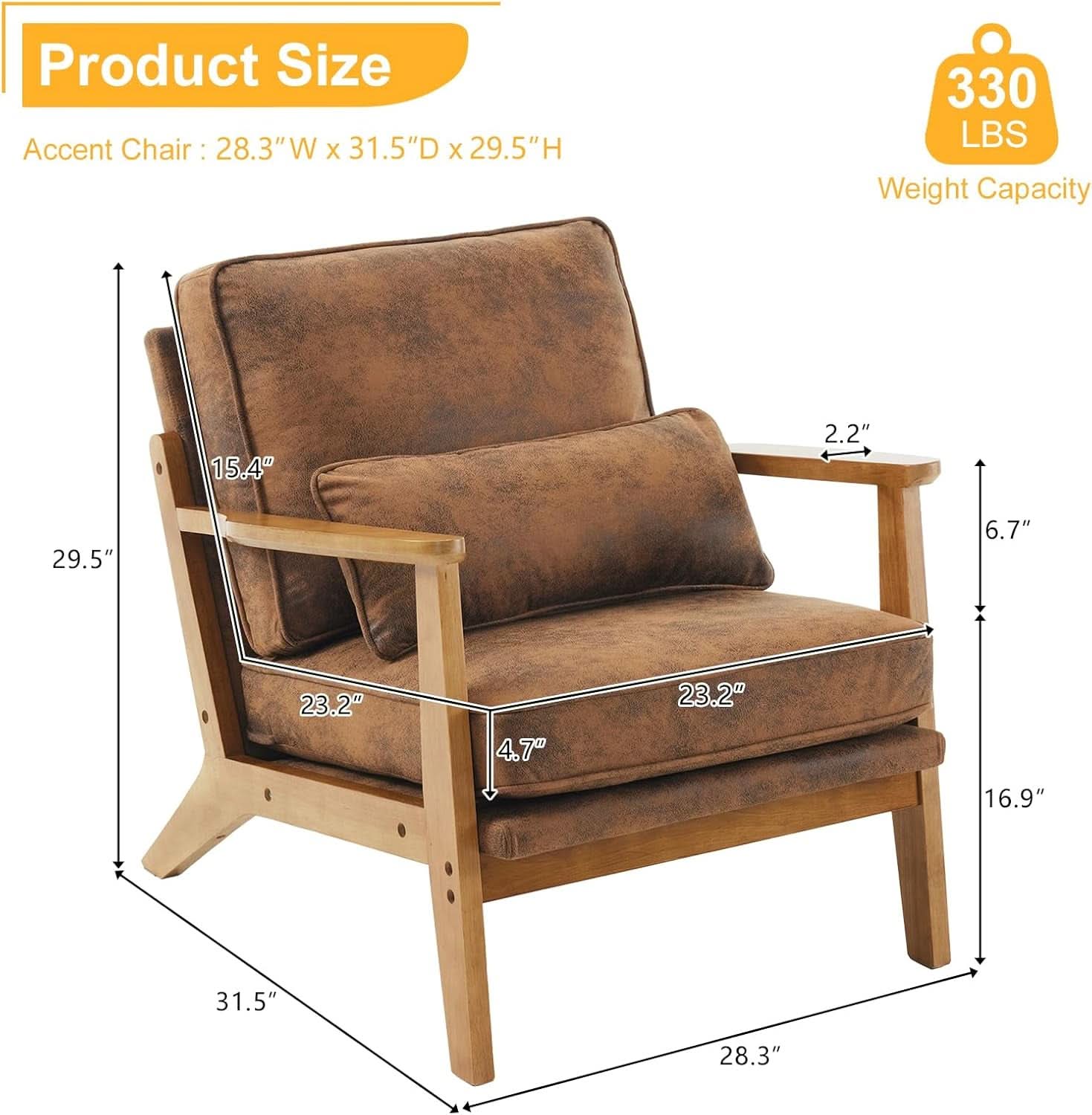 Accent Armchair With Wide Armrests Midcentury Brown Upholstered