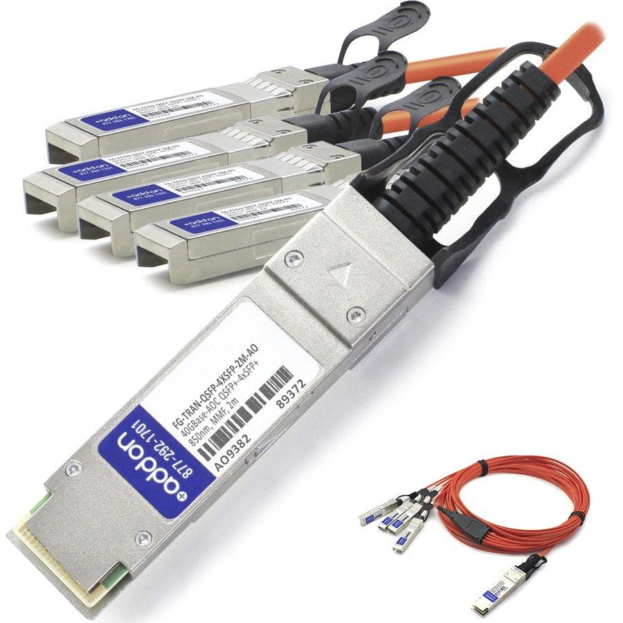 AddOn Fortinet Compatible TAA Compliant 40GBase-AOC QSFP+ to 4xSFP+ Direct Attach Cable (850nm, MMF, 2m) FGTRANQSFP4XSFP2M-AO