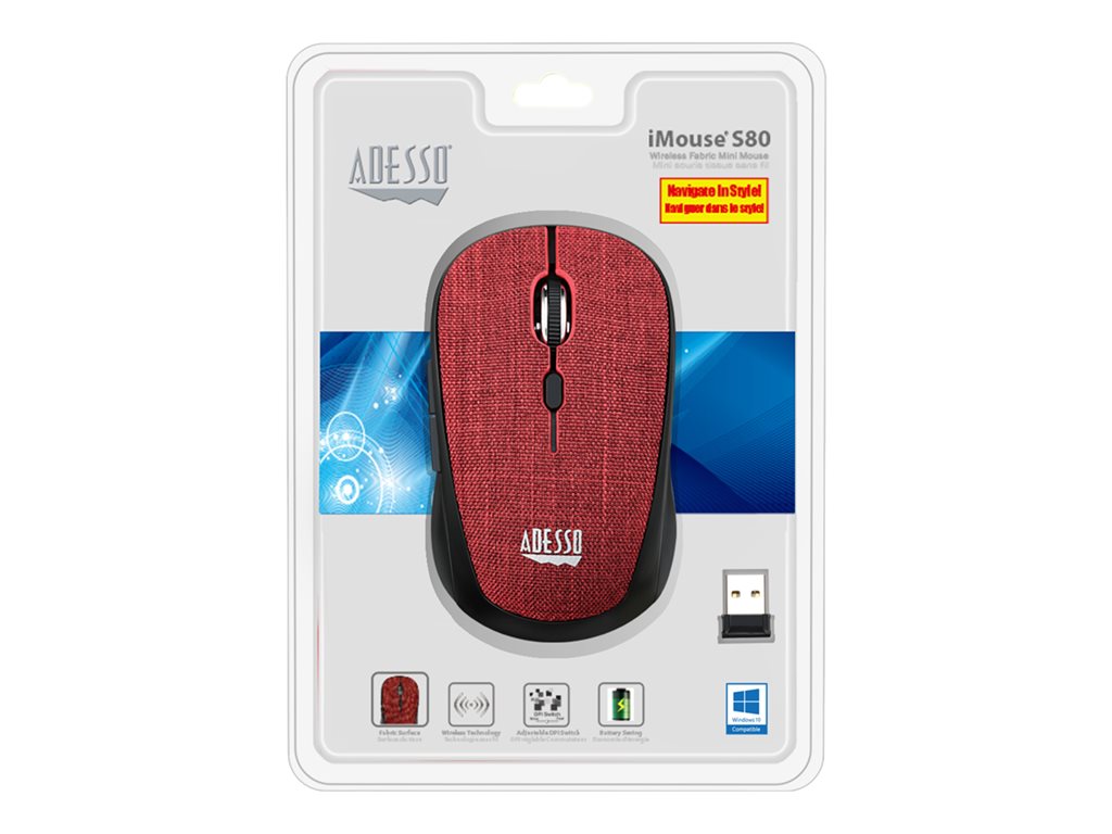 Adesso iMouse S80 - Mouse - right and left-handed - optical - 6 buttons - wireless - 2.4 GHz - USB wireless receiver - red IMOUSES80R
