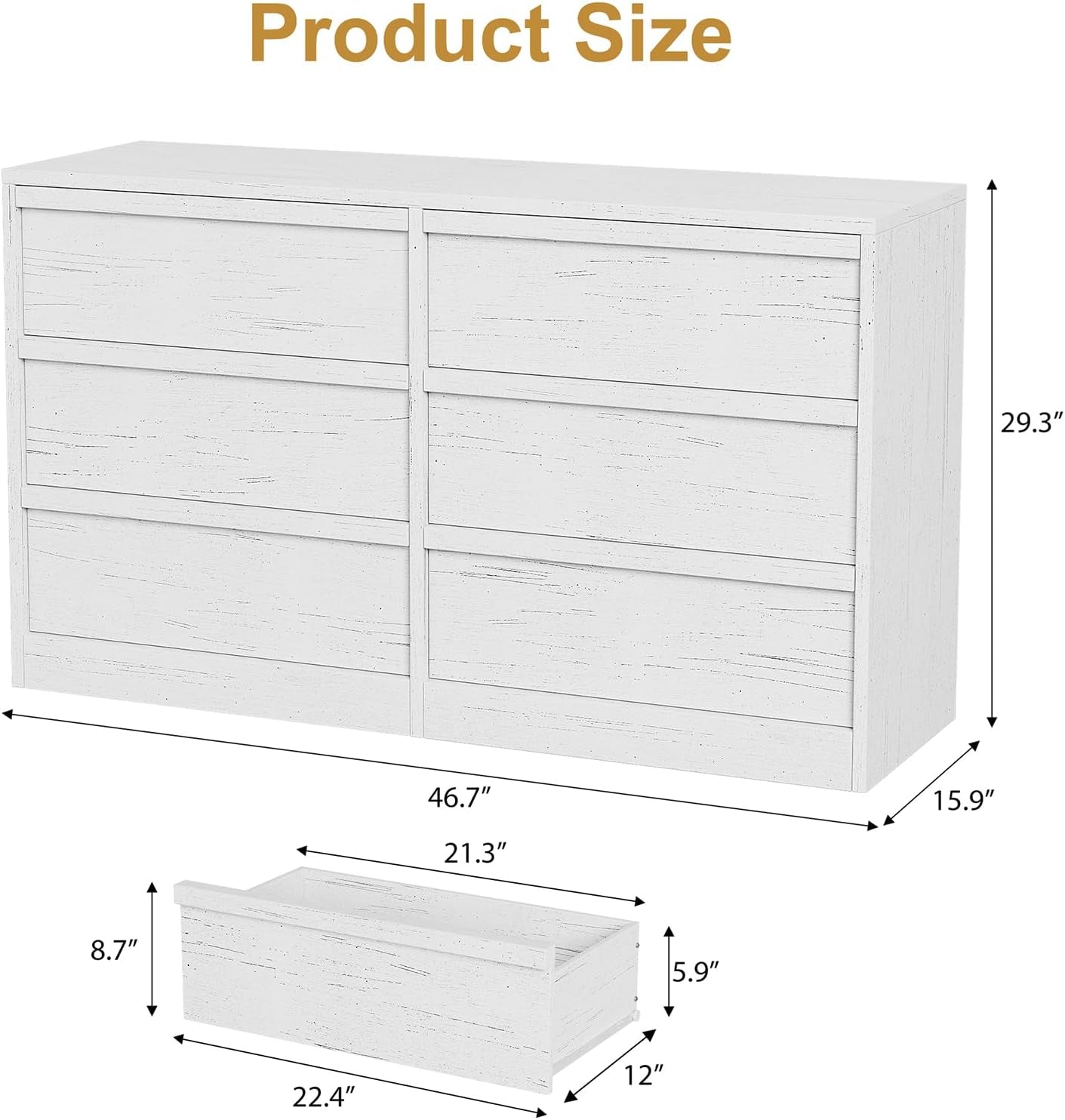 Antique White 47 Inch Six Drawer Dresser For Bedroom