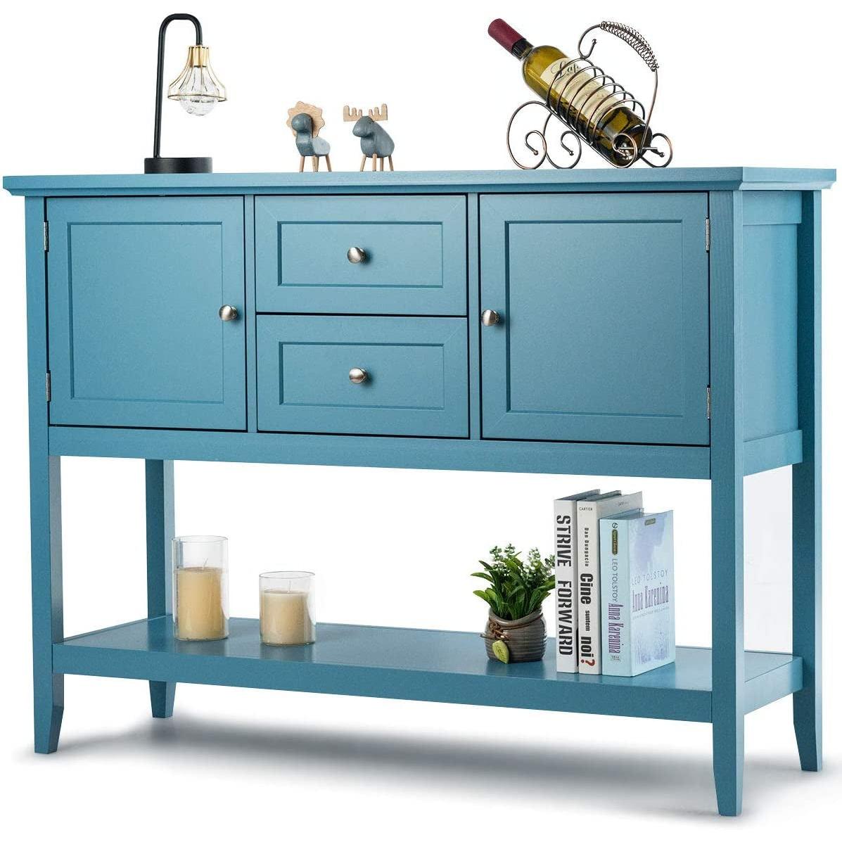 Aqua Wood Buffet Sideboard With Cabinets And Drawers