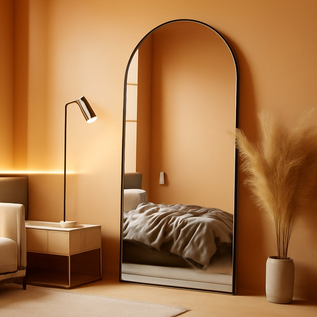 Arched Floor Mirror 68 by 26 Inches Black Aluminum Frame