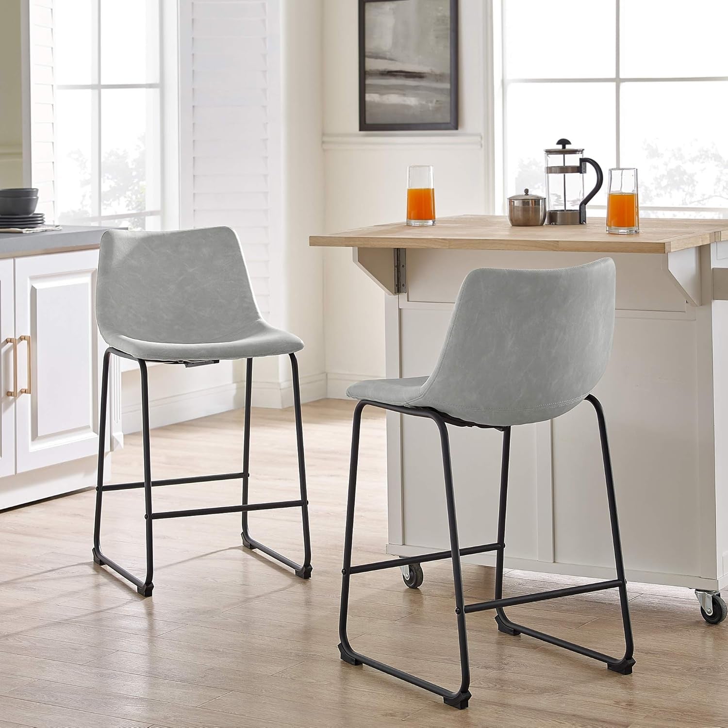 Armless Counter Chair Set Of 2 Grey Faux Leather Industrial