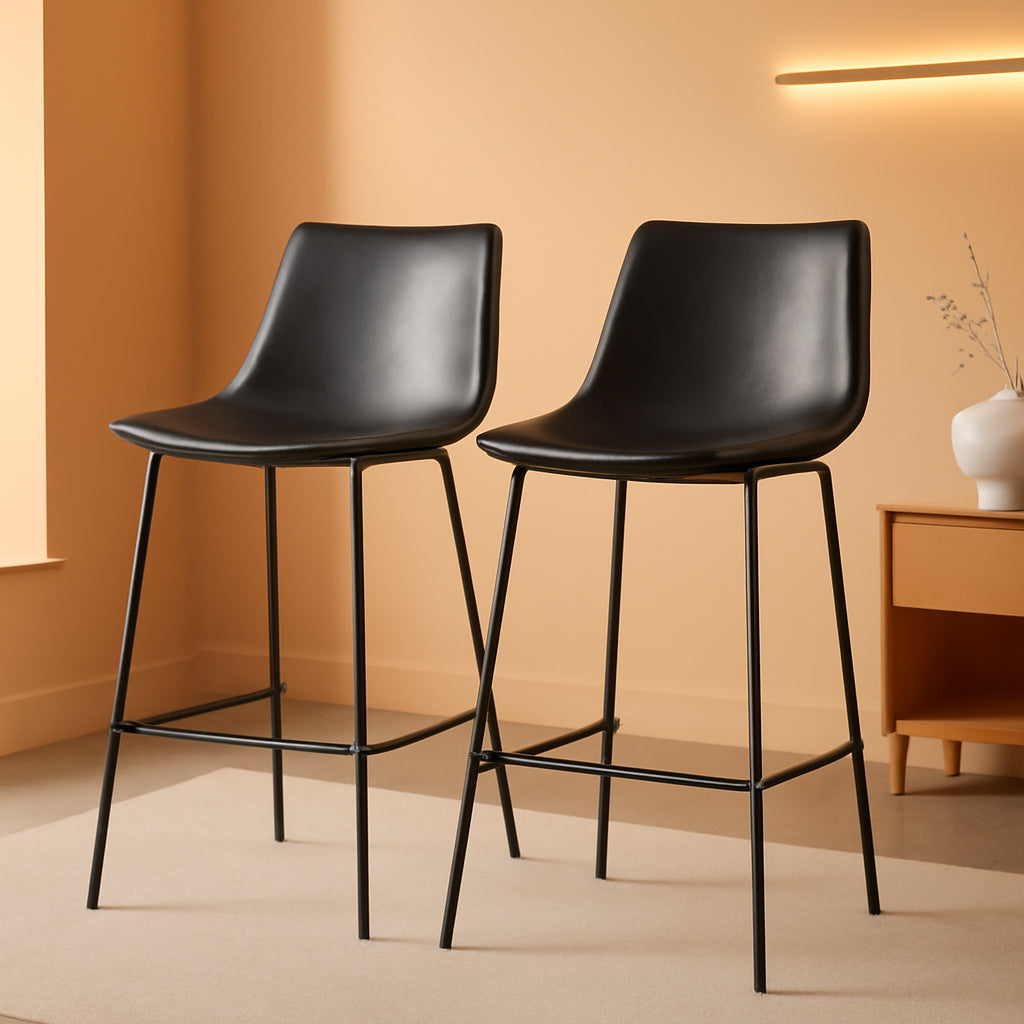 Armless Faux Leather Counter Stools Pair Black Steel Base