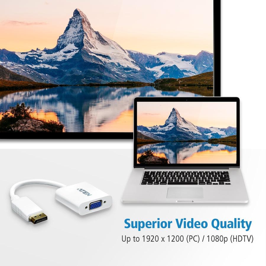 Aten DisplayPort to VGA Adapter - DisplayPort/VGA for Notebook, Video Device, TV - 1 Pack - 1 x DisplayPort Male Digital Audio/Video - 1 x HD-15 Female VGA - White VC925