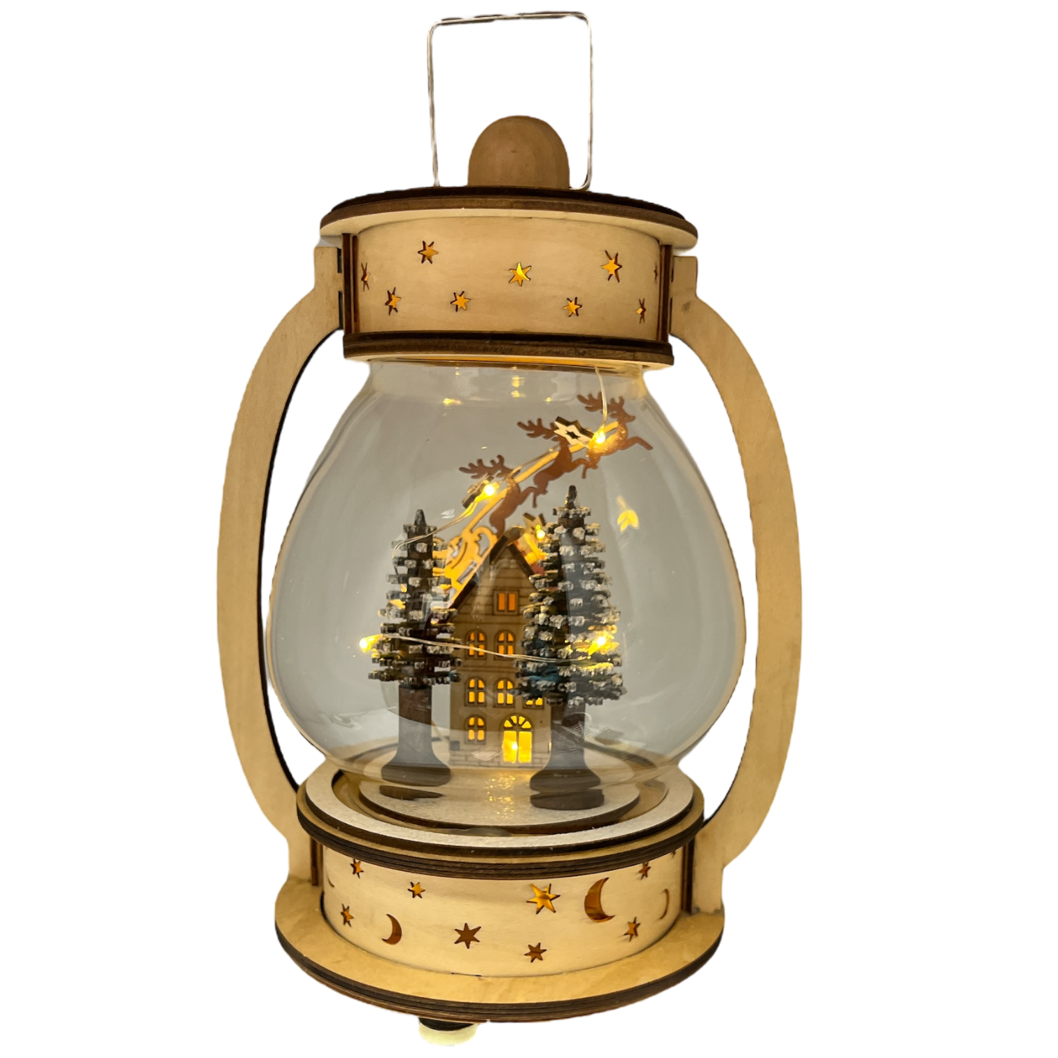 B/O Lighted Wind Up Musical Wood Glass Lantern - Santa Flying Over House