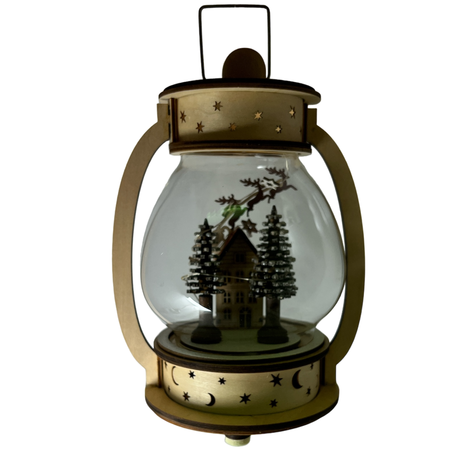 B/O Lighted Wind Up Musical Wood Glass Lantern - Santa Flying Over House