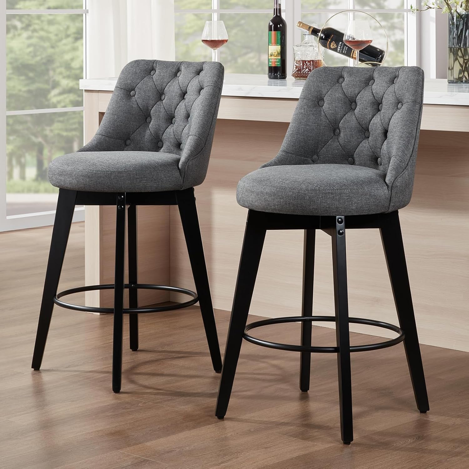 Bar Stools Set Of 2 27 Inch Grey Linen Upholstered Swivel With Back