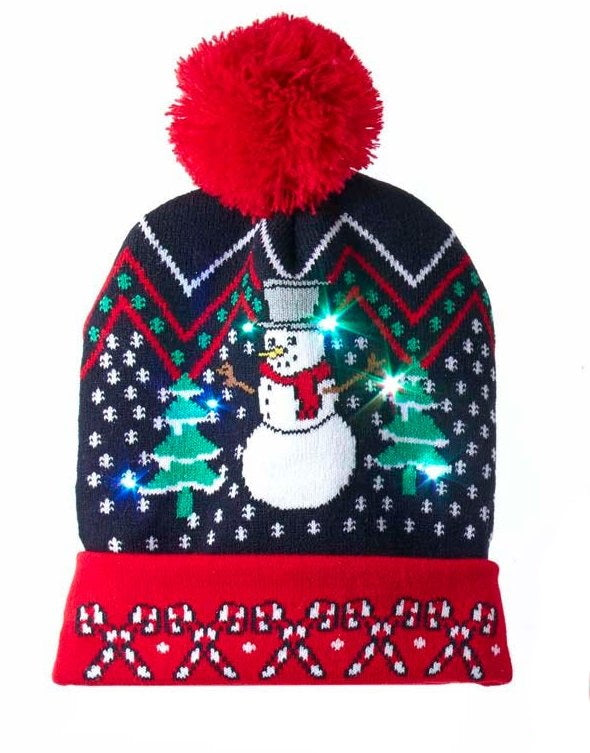 Battery-Operated LED Light-Up Knit Hat - Snowman
