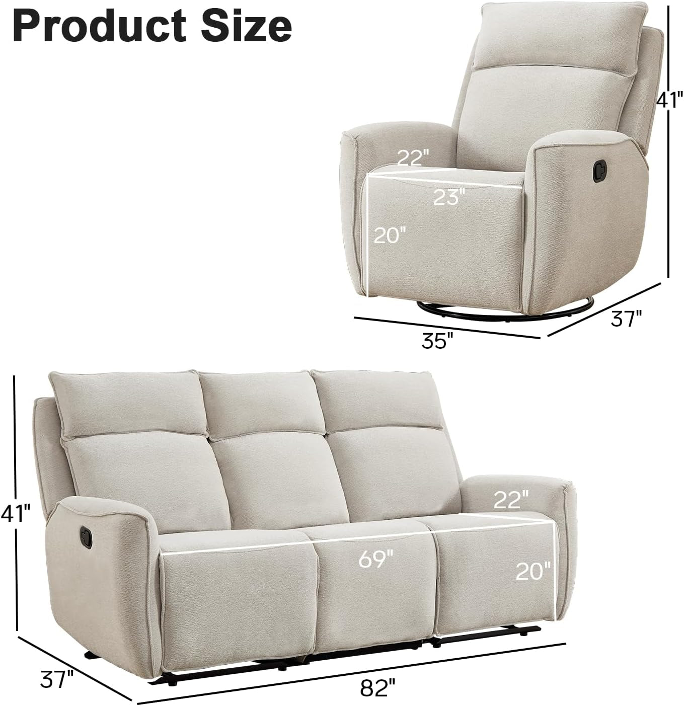 Beige Chenille Manual Recliner Sofa Set Three Seat