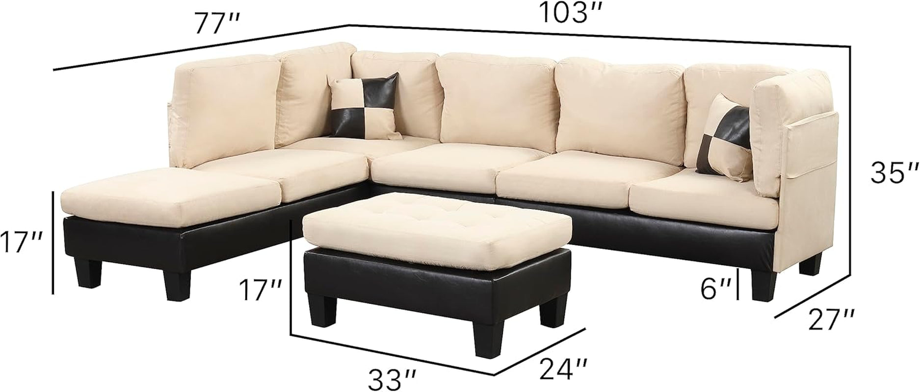 Beige L Shaped Sectional Sofa With Reversible Chaise