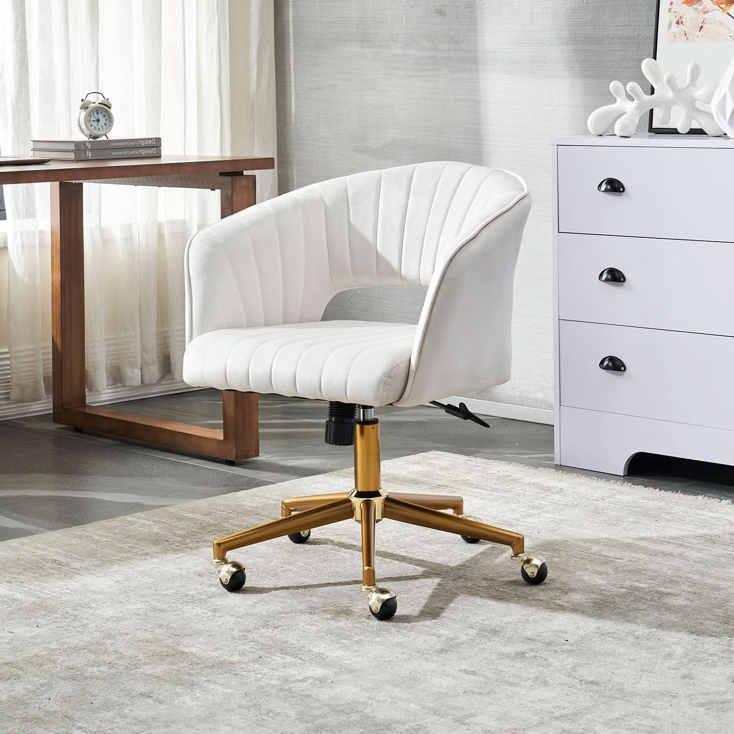 Beige Velvet Office Chair 360 Degree Swivel Home Office