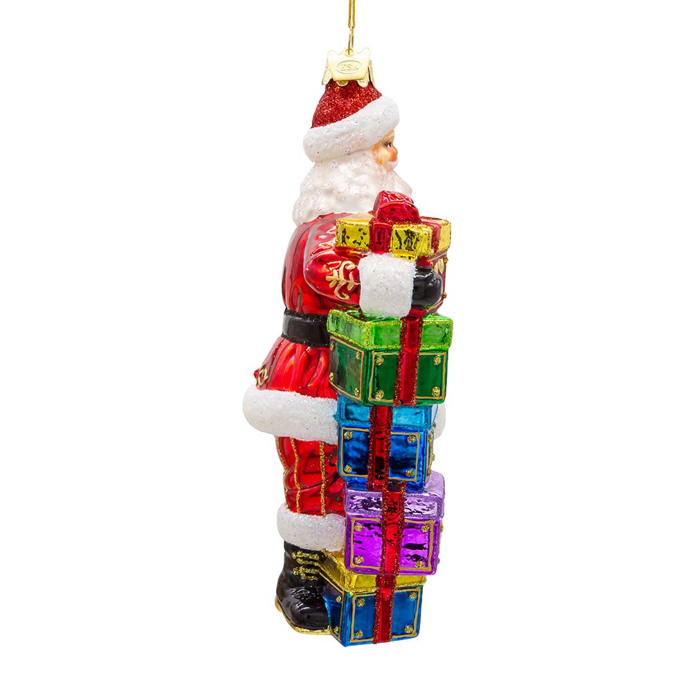Bellissimo Glass Santa With Gift Boxes Ornament