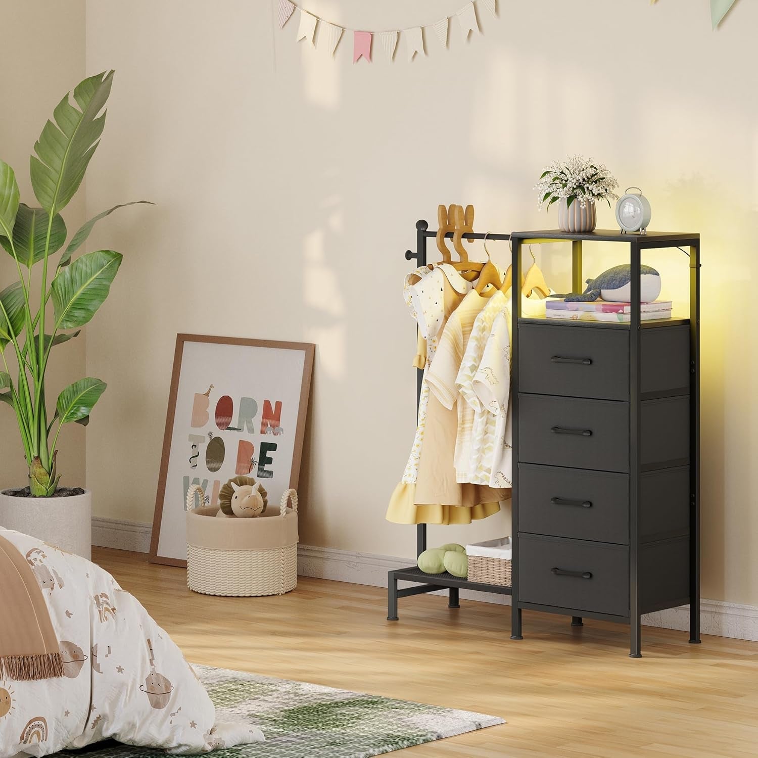 Black Dresser With Reversible Hanging Rack LED Lighting