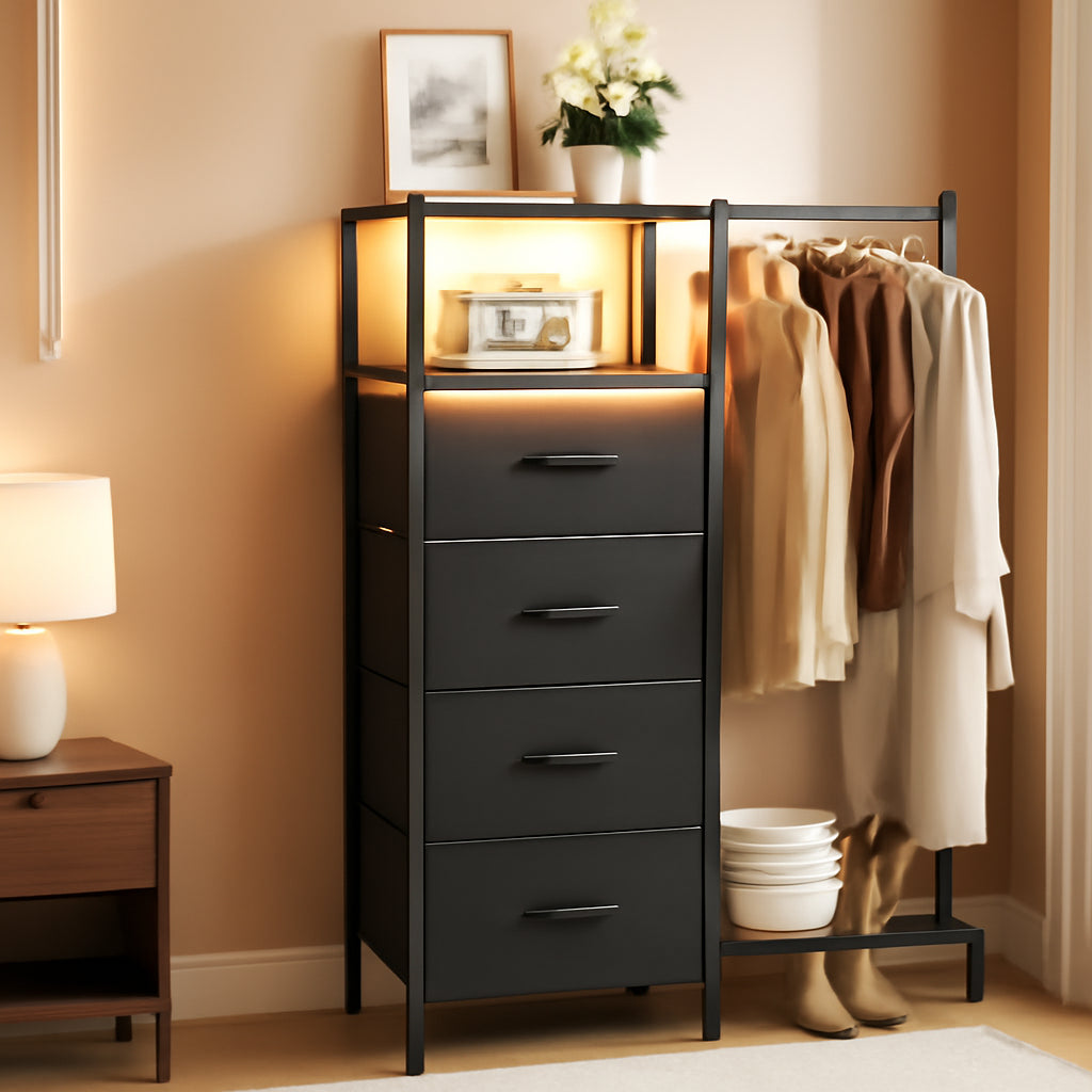 Black Dresser With Reversible Hanging Rack LED Lighting