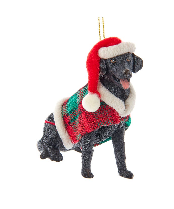 Black Labrador With Plaid Coat and Santa Hat Ornament