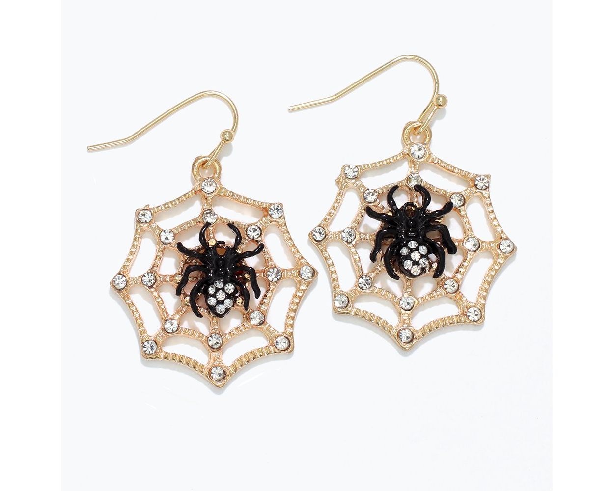 Black Spiders on Gold Webs with Crystals Earrings