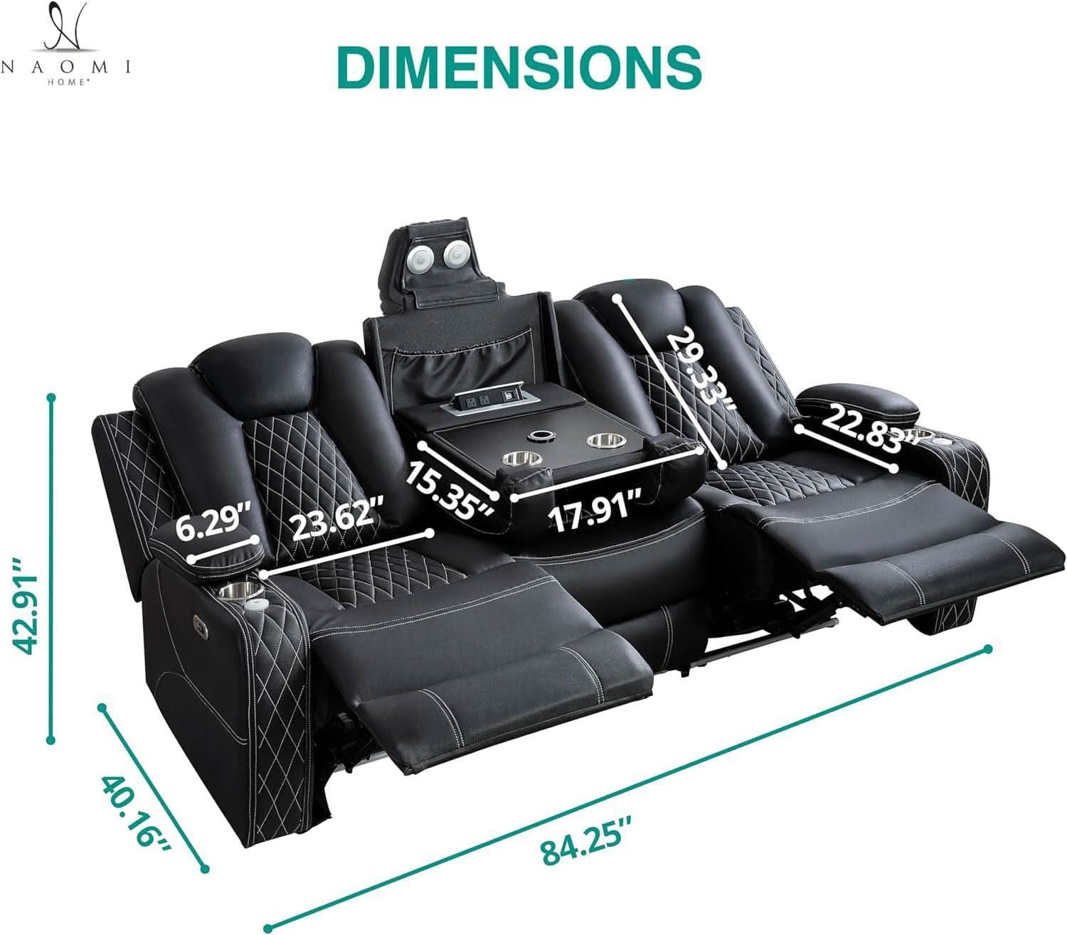Black Ultraleather Power Reclining Sectional Sofa With USB Ports