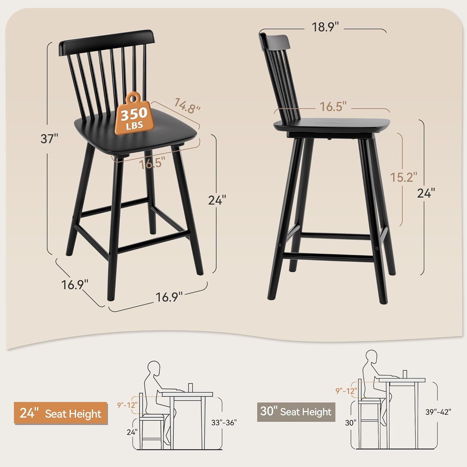 Black Wooden Bar Stools Set Of 3 24 Inch Counter Height