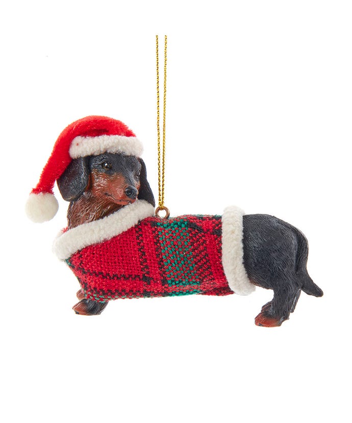 Black and Tan Daschund With Plaid Coat and Santa Hat Ornament