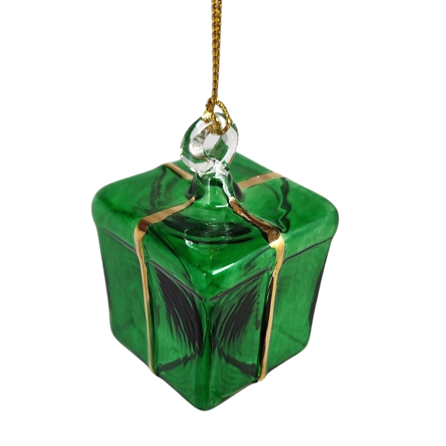 Blown Glass Present Ornament - Green
