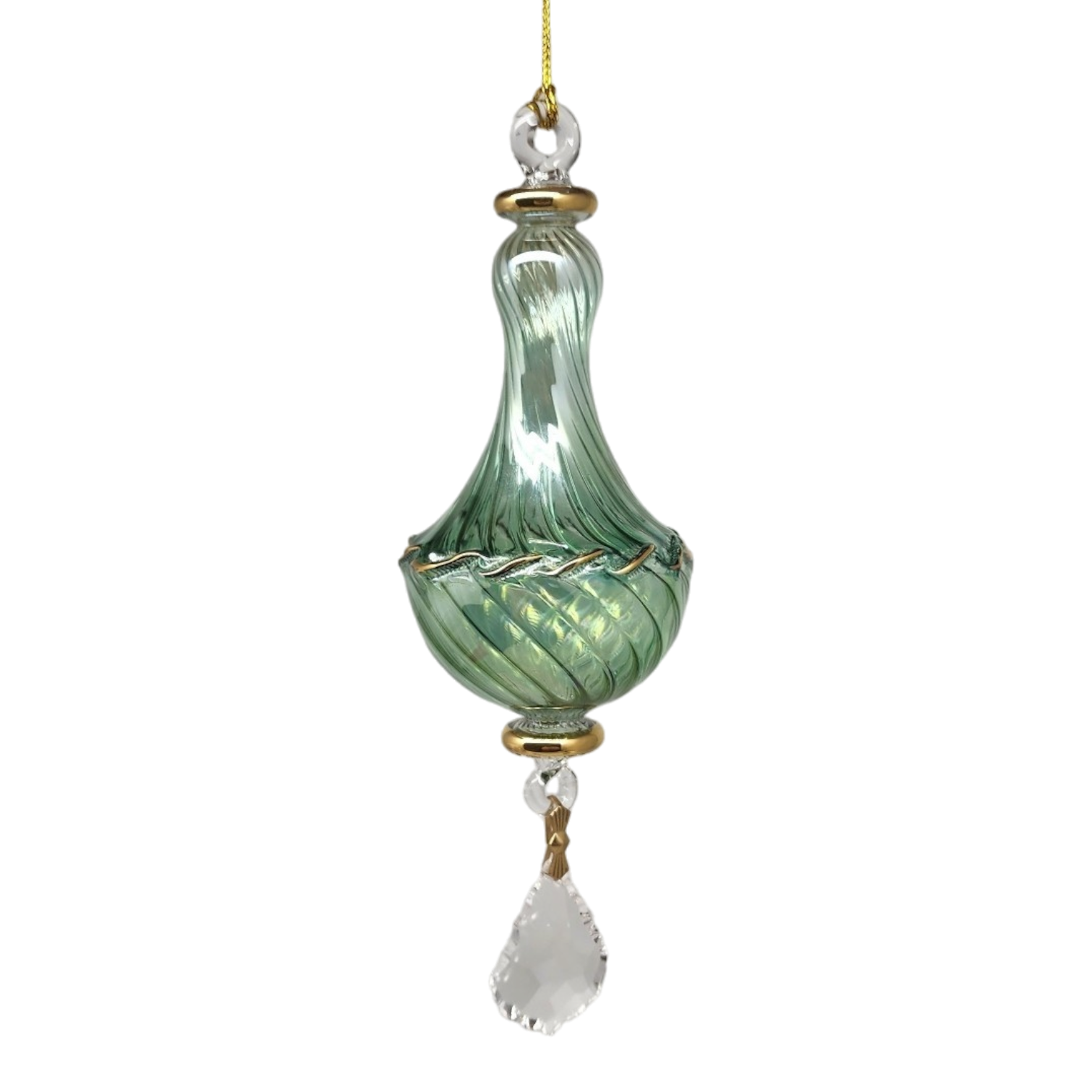 Blown Glass Twisted Chandelier Ornament with Crystal Dangle - Green