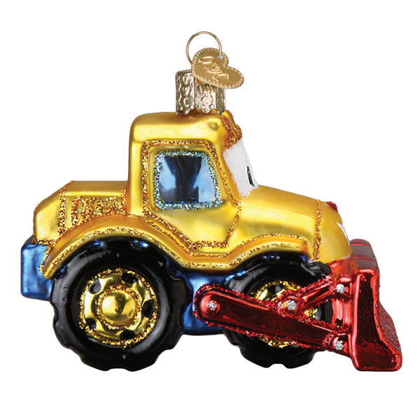 Bright Eyed Bulldozer Glass Ornament