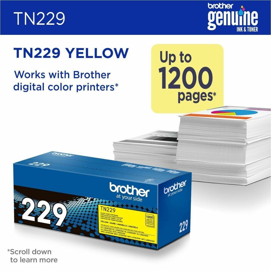 Brother Genuine TN229Y Standard Yield Yellow Toner Cartridge - Laser - Yellow - Standard Y