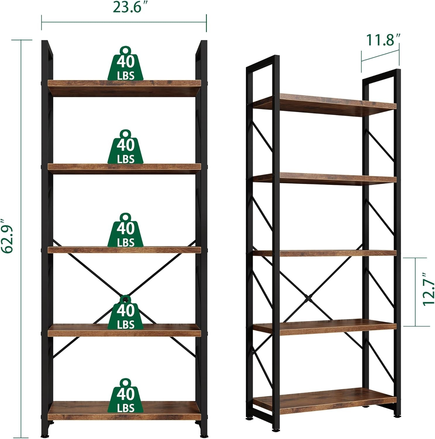 Brown Five Tier Metal Bookcase For Living Room Decor
