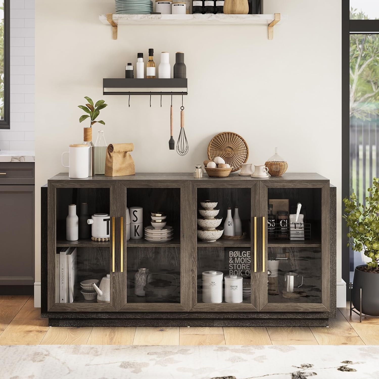 Brown Glass Doors Sideboard Buffet Cabinet With Storage