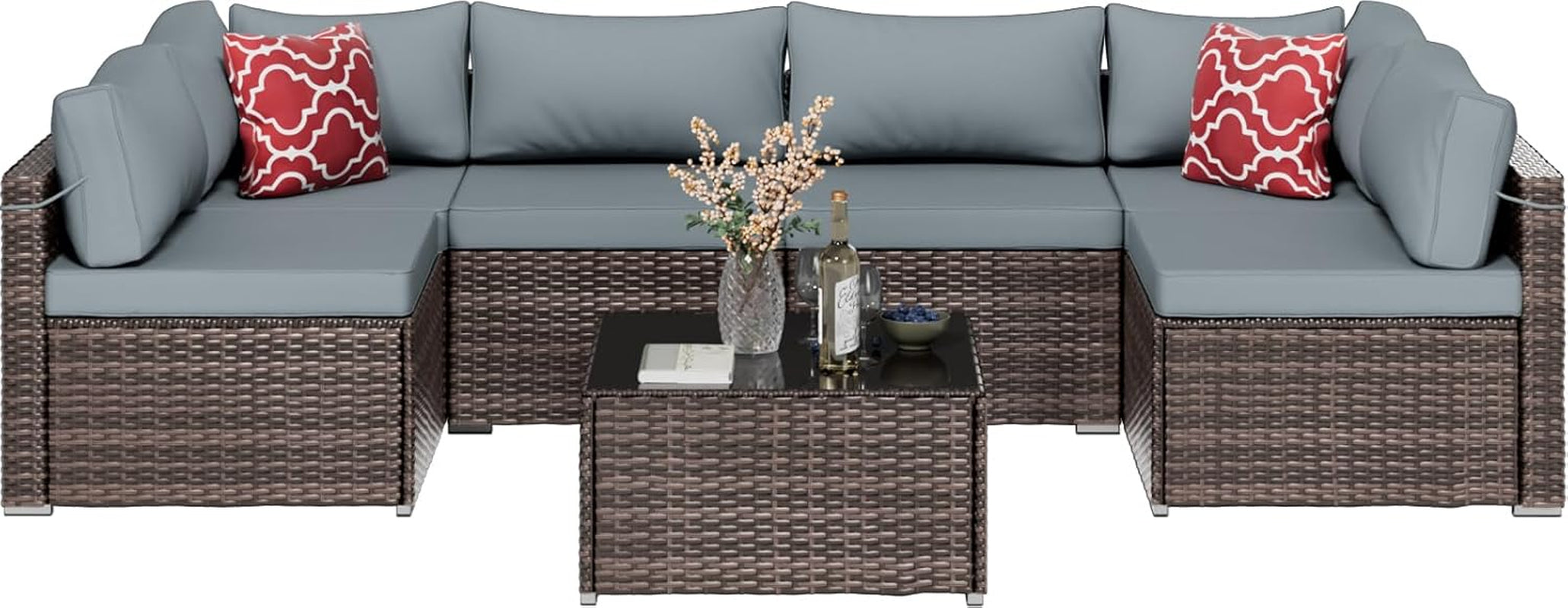 Brown PE Rattan 7-Piece Patio Furniture Sofa Set