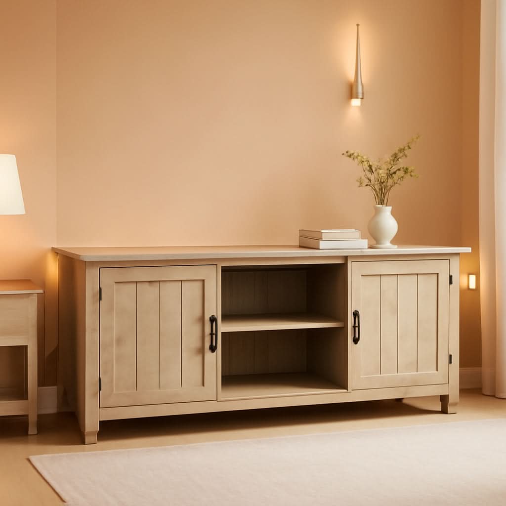 Buren 58 Inch White Oak Grooved Door TV Stand 65 Inch TV