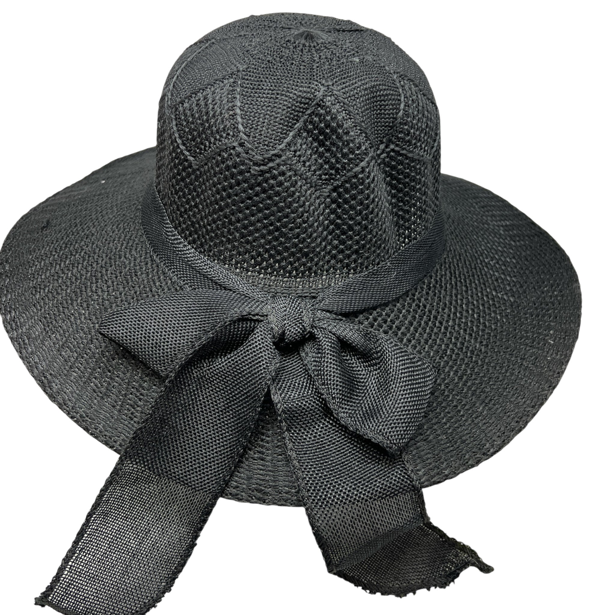 Burlap Ribbon Chiffon Crochet Woven Derby Sun Hat -Black