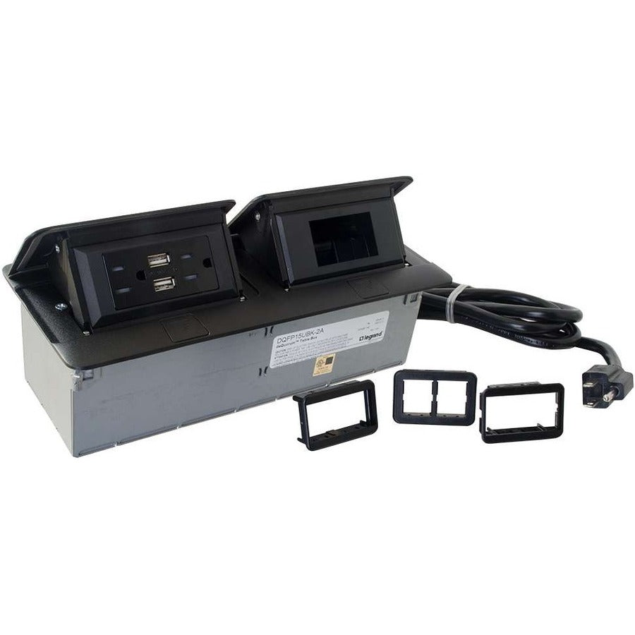 C2G Cord Ended deQuorum Dual Flip-Up Unit with USB - Black Powder Coat - 2 x Power