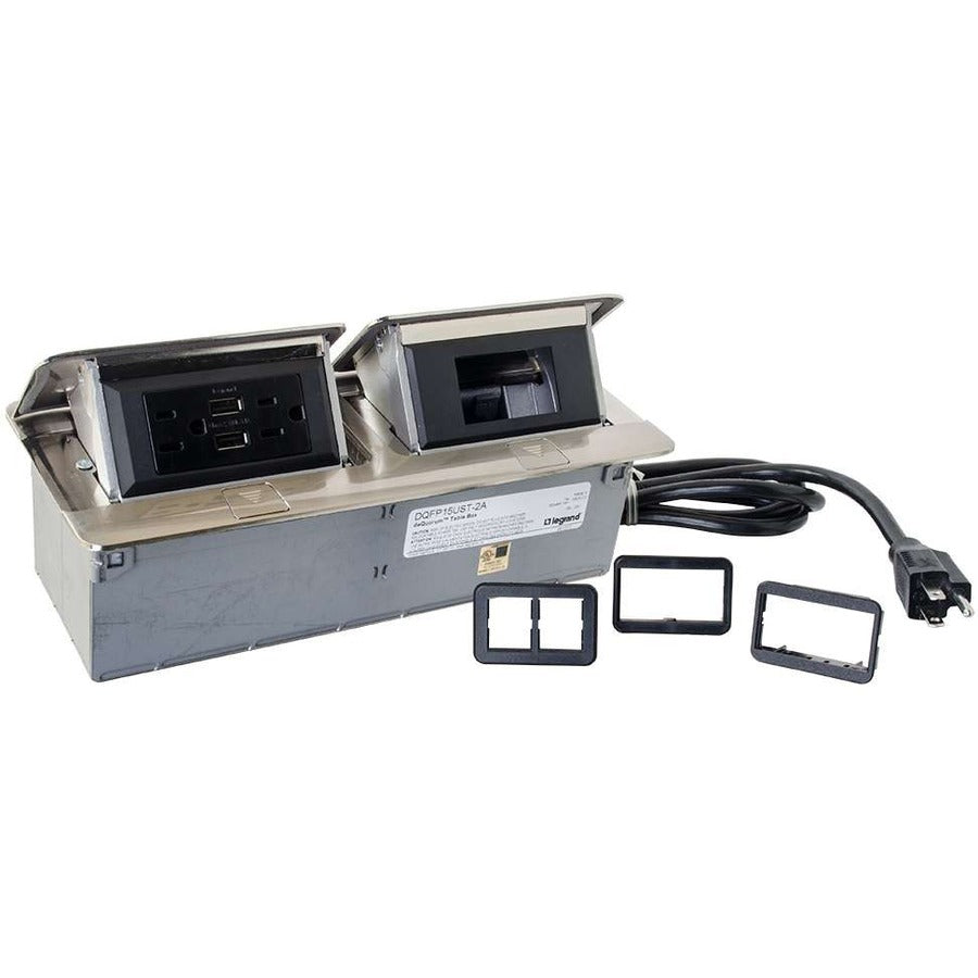 C2G Cord Ended deQuorum Dual Flip-Up Unit with USB - Brushed Stainless Steel - 2 x Power