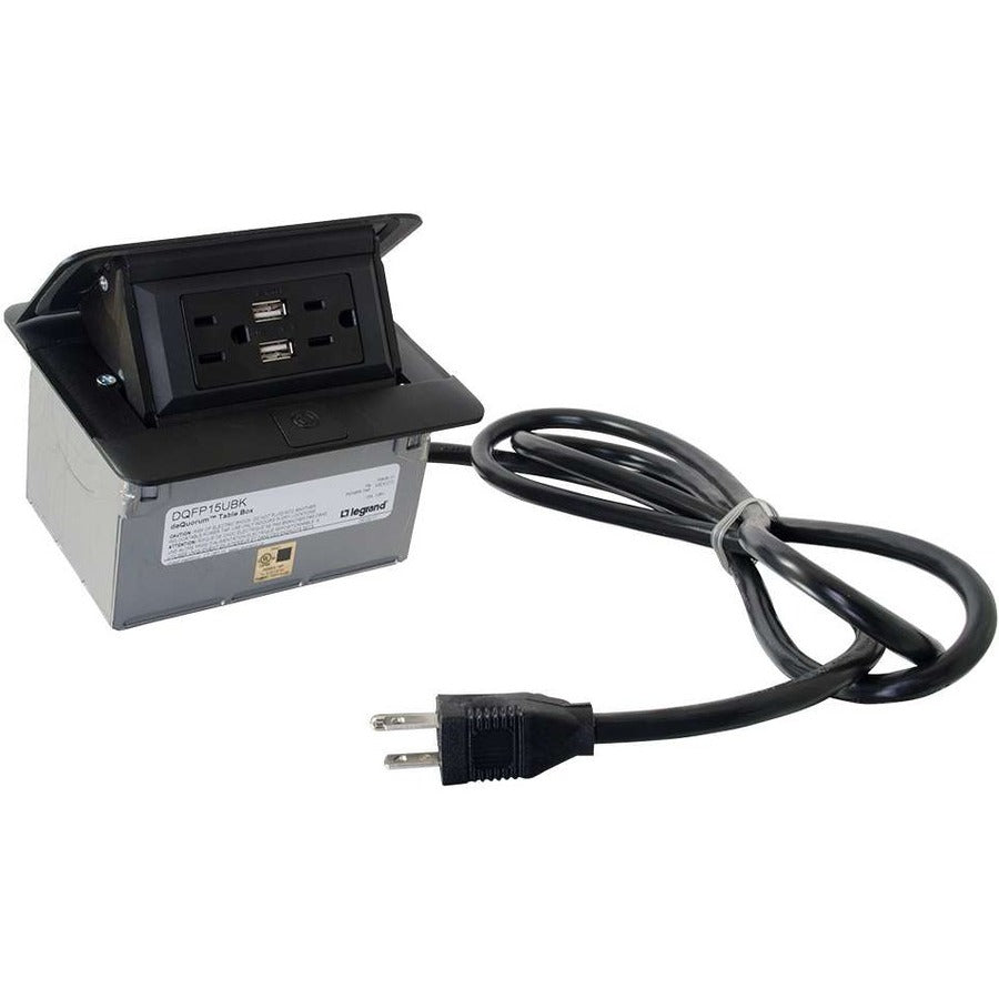 C2G deQuorum Single Flip-Up Unit with USB - Black Powder Coat - 2 x Power Receptacles
