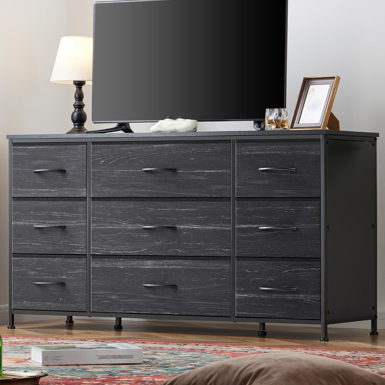 Charcoal Black Dresser With 9 Drawers And TV Stand
