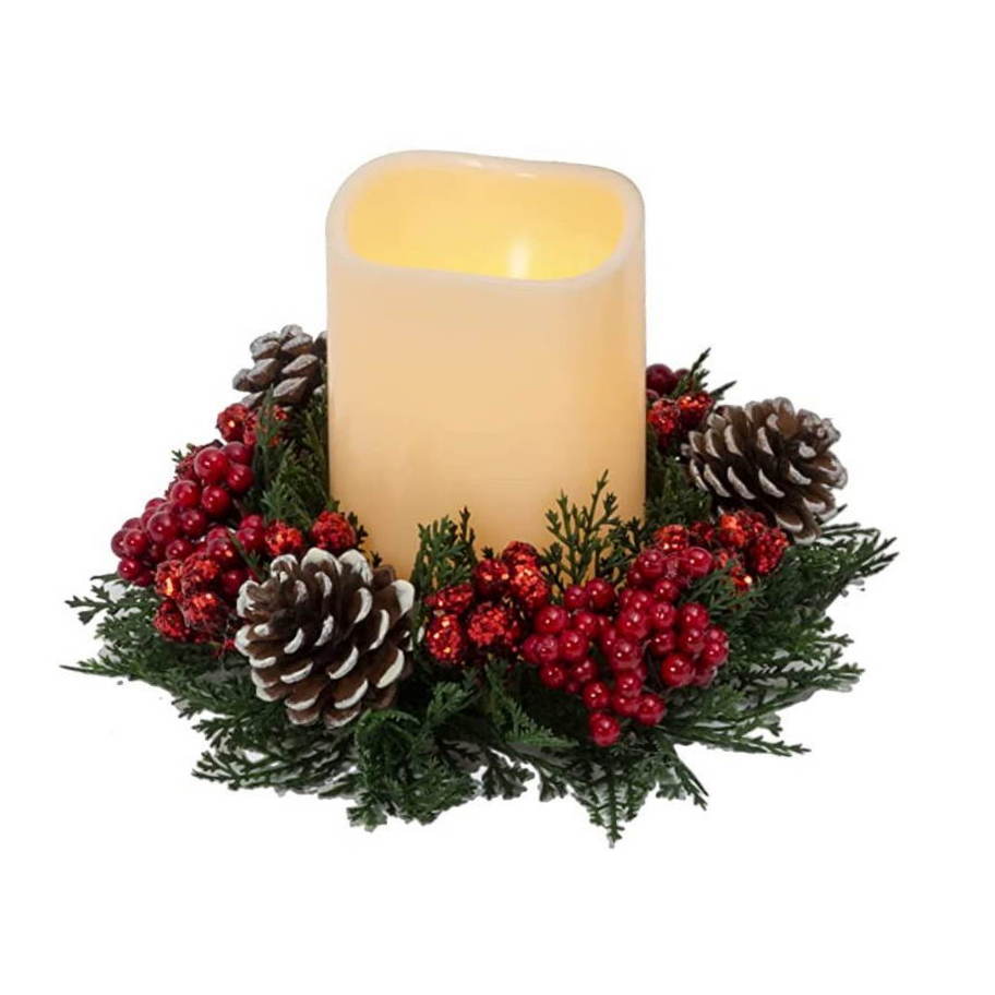 Christmas Candle with Red and Green Candle Ring - Pine & Red