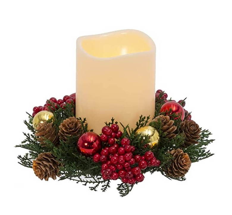 Christmas Candles with Red and Green Candle Ring - Pine & Gold