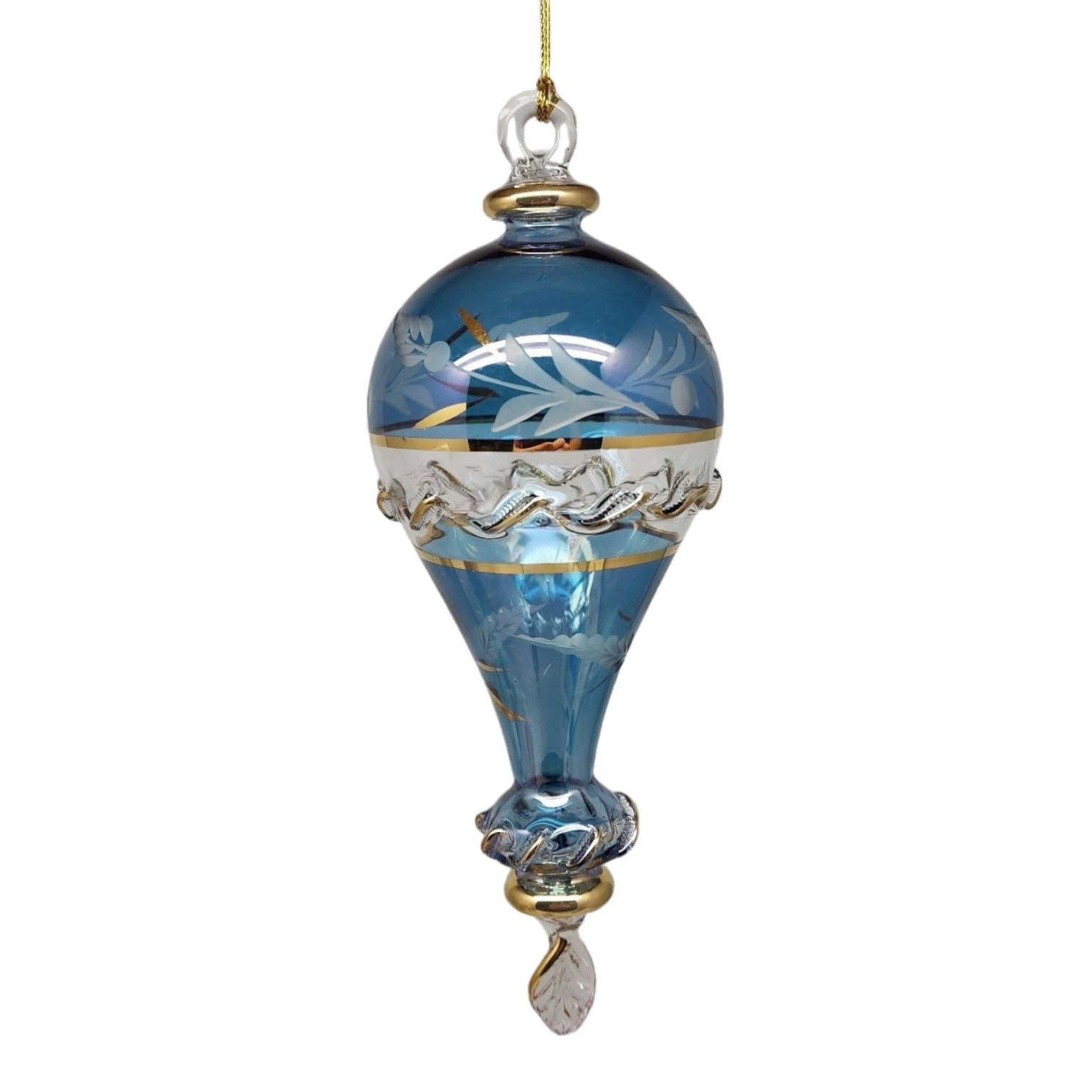 Clear Etched Blown Glass Hot Air Balloon - Blue