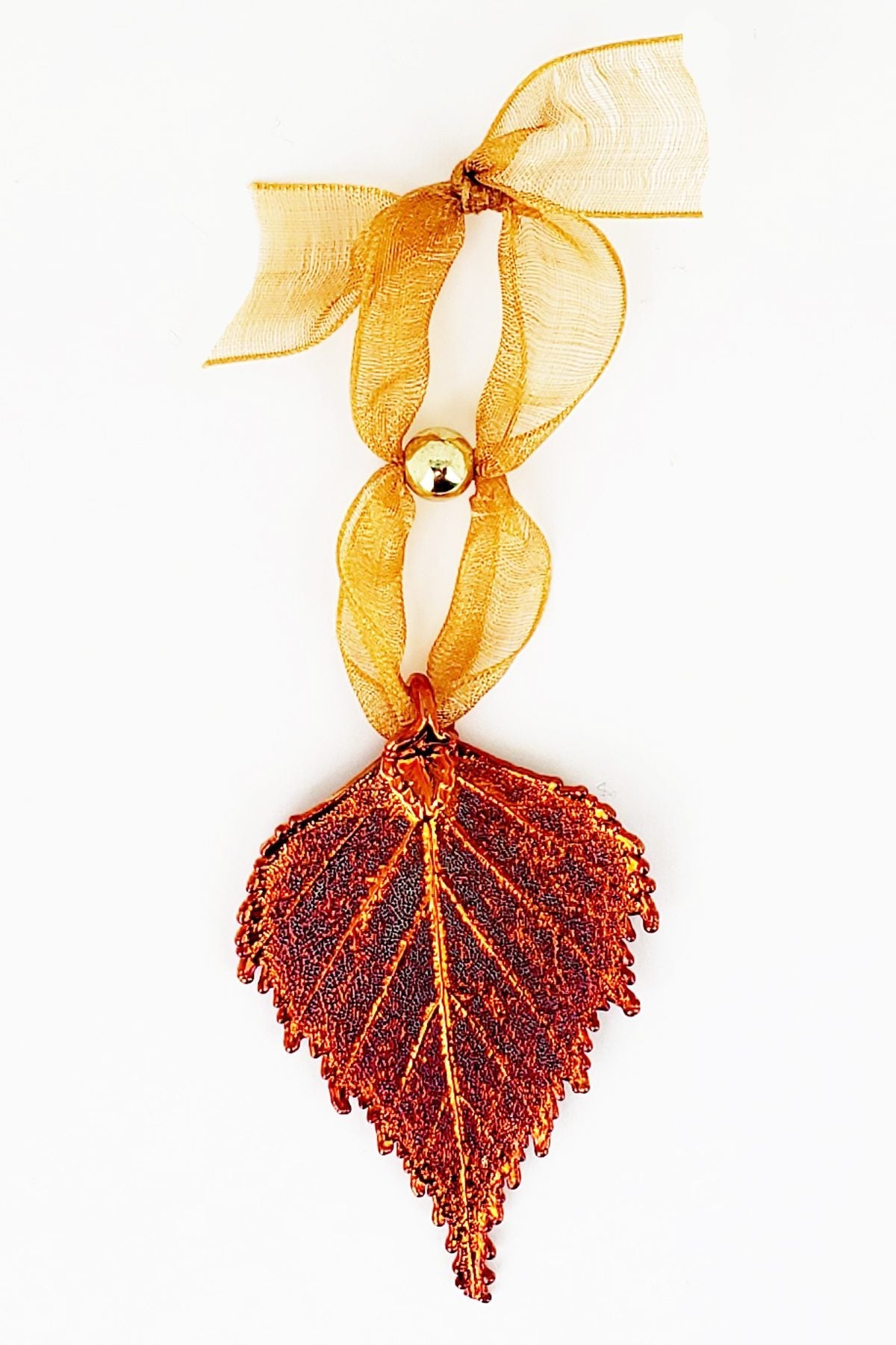 Copper Birch Leaf with Sheer Ribbon Ornament