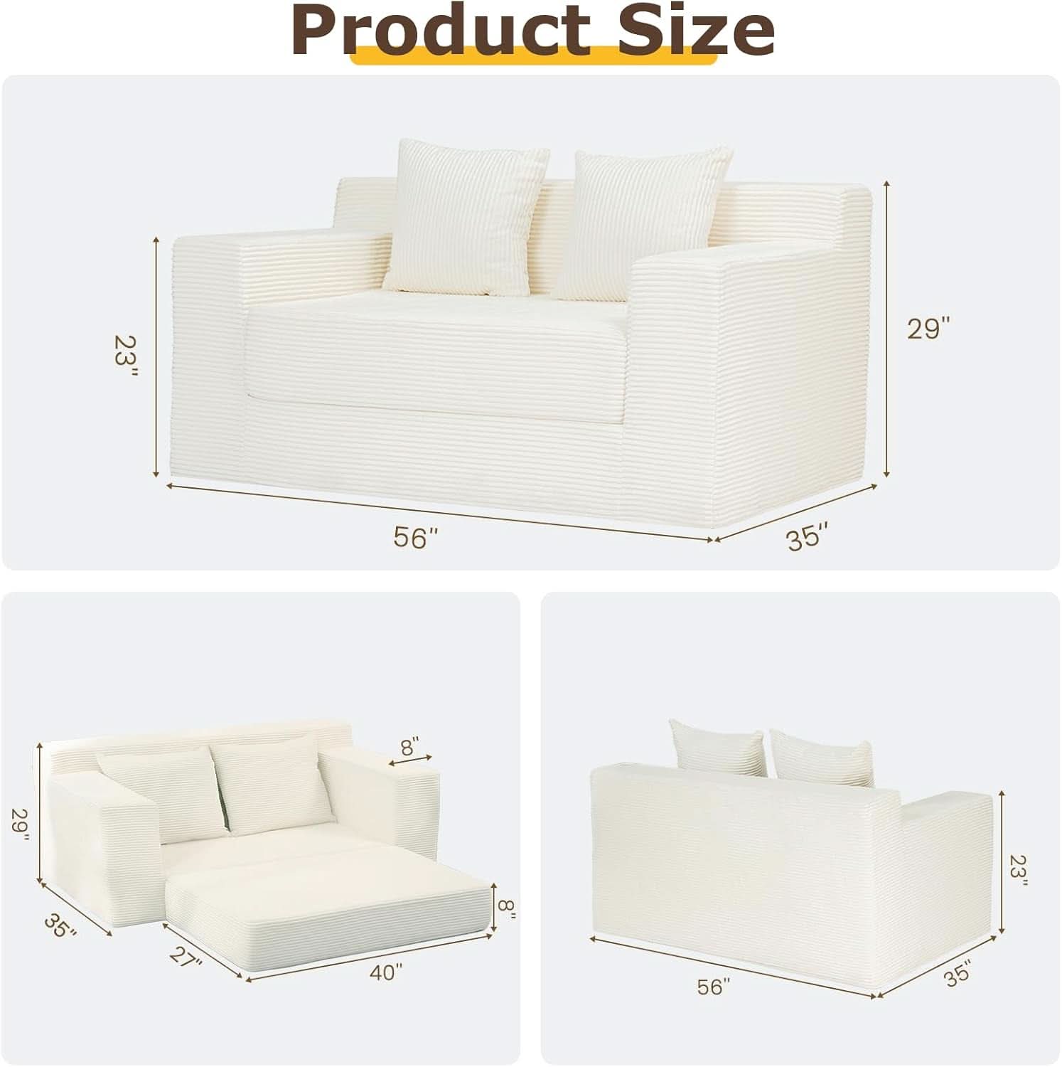 Corduroy Convertible Sofa Bed Three In One BeigeTone Sleeper