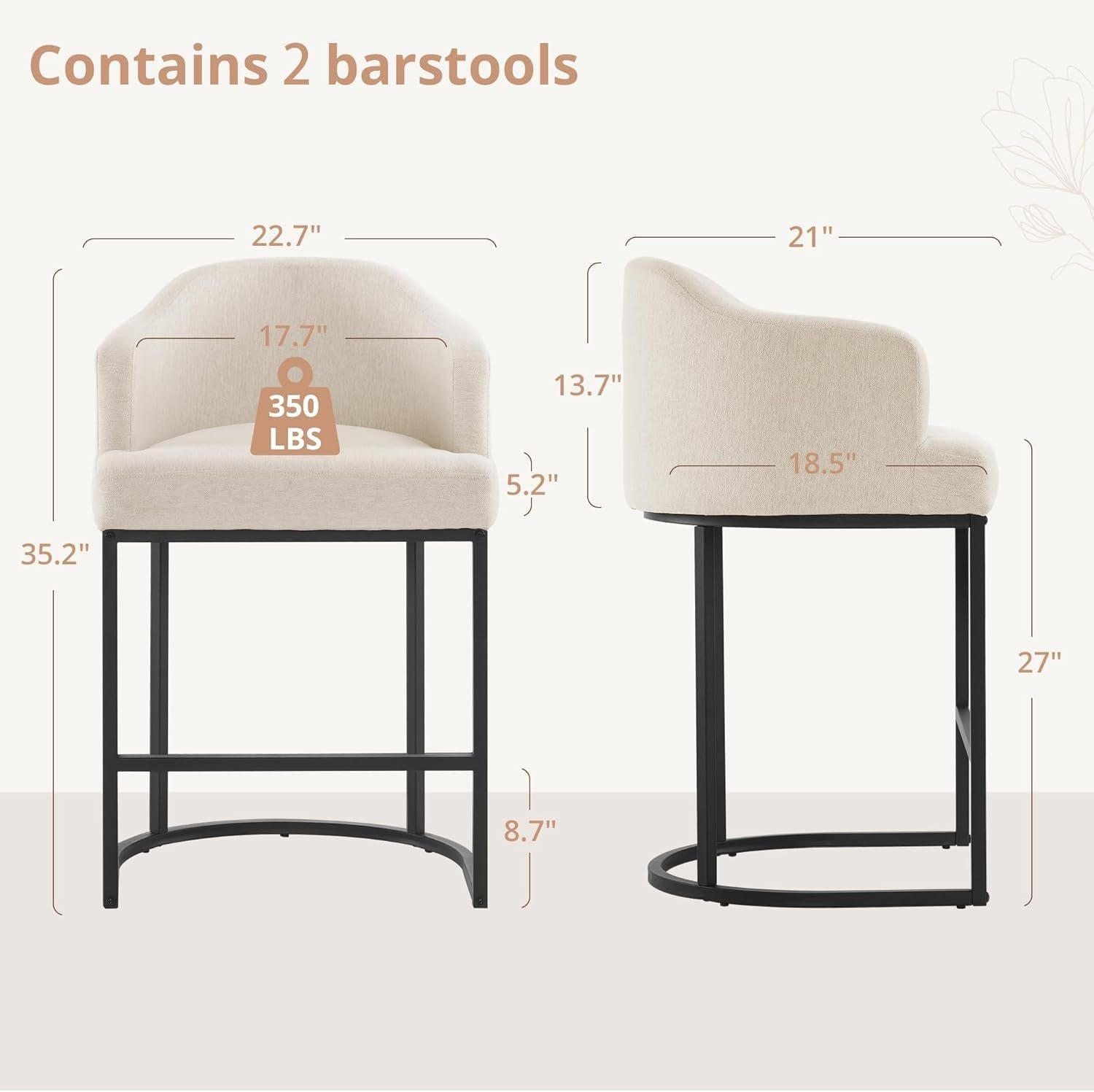 Counter Height Bar Stool Set Of 2 27 Inch High With Curved Backrest And Arms For Kitchen Island