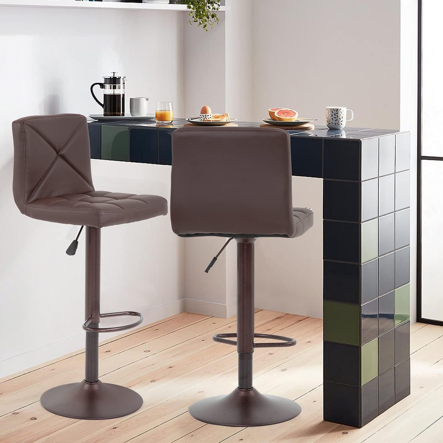 Counter Height Bar Stools Set Of 2 PU Leather Adjustable Swivel
