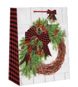 Country Christmas Gift Bag - Large - Rustic Wreath