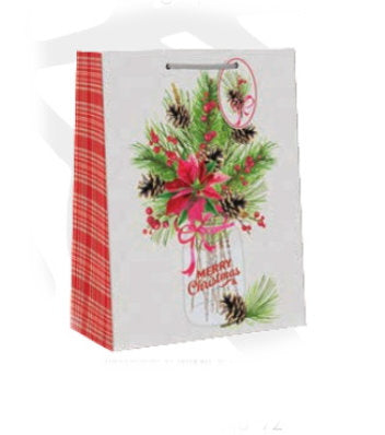 Country Christmas Gift Bag - Medium - Poinsettia Jar