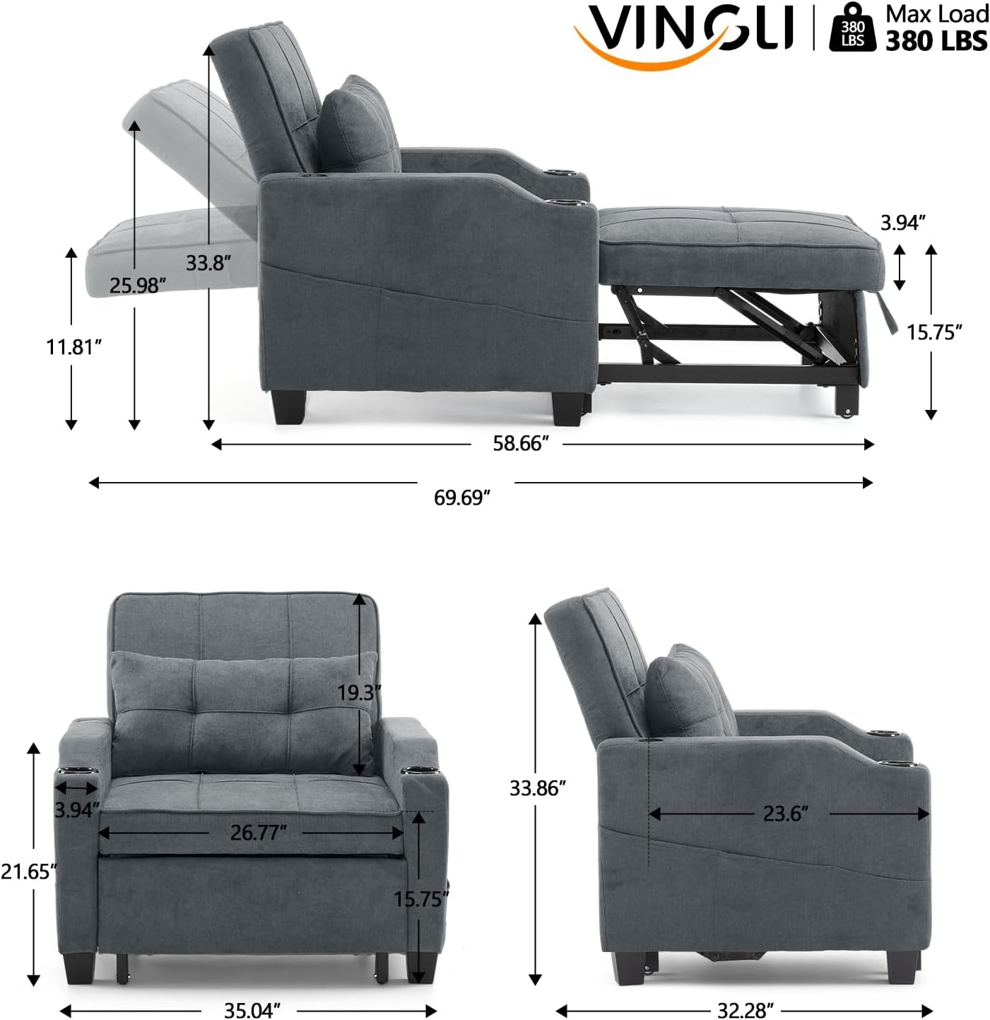 Dark Gray ThreeInOne Sofa Bed Chair Recliner With USB Ports