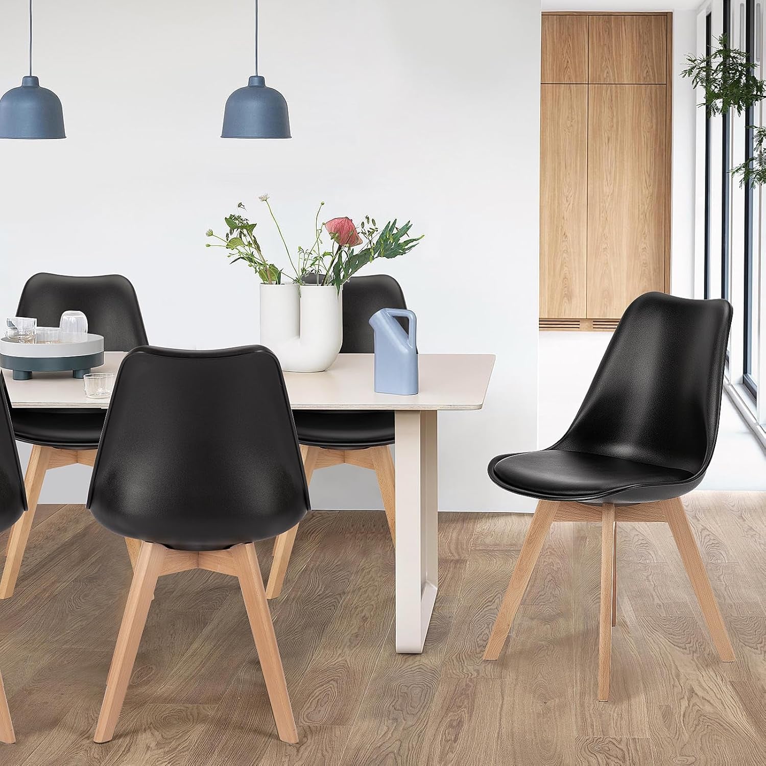 Dining Chairs 4 Pack PU Leather Upholstered Black Wood Legs